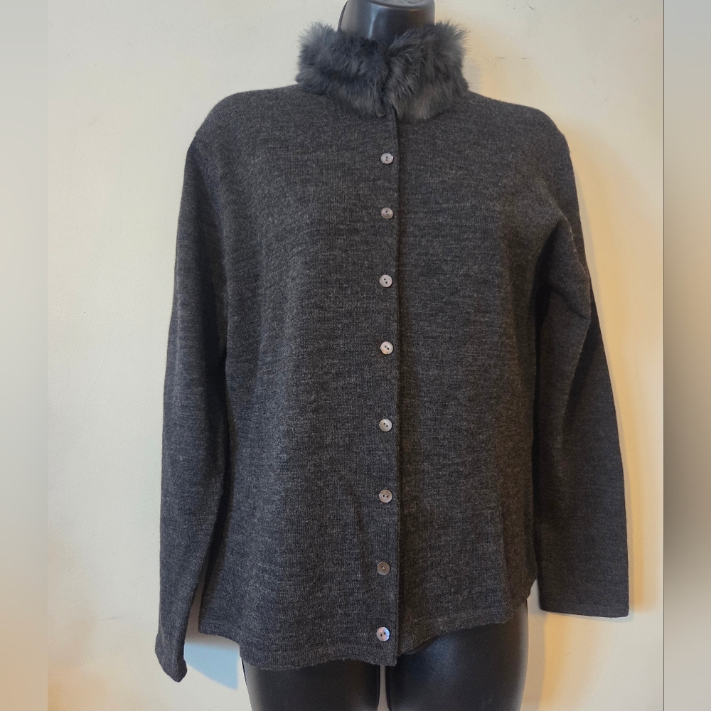 Contemporaine by Simons Gray Wool Cardigan with Fur Collar